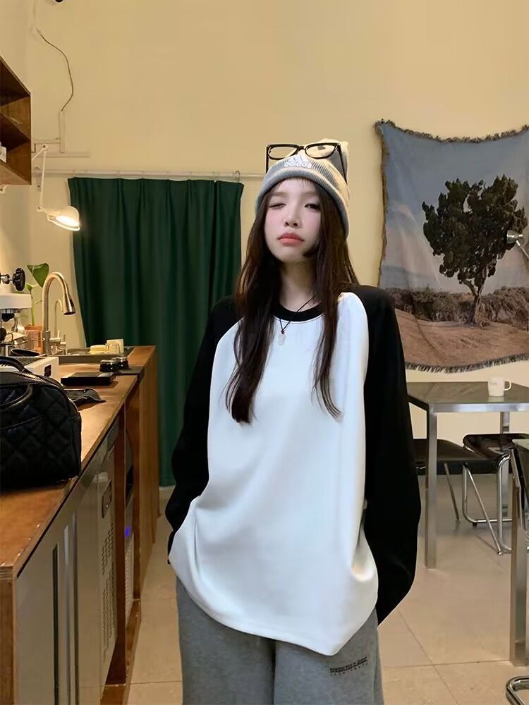 韓版拼接撞色長袖純棉T恤女韓版內搭基礎款胖mm減齡打底衫女春秋