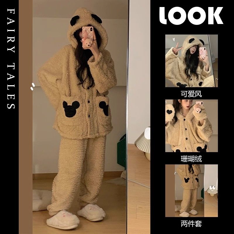 米奇連帽珊瑚絨睡衣女冬款新款網紅風可愛加絨加厚保暖家居服套裝