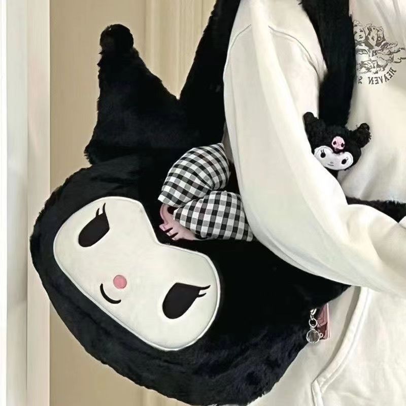 Soft and cute Japanese ins black Kuromi shoulder bag plush cartoon large capacity cinnamon dog Melody handbag