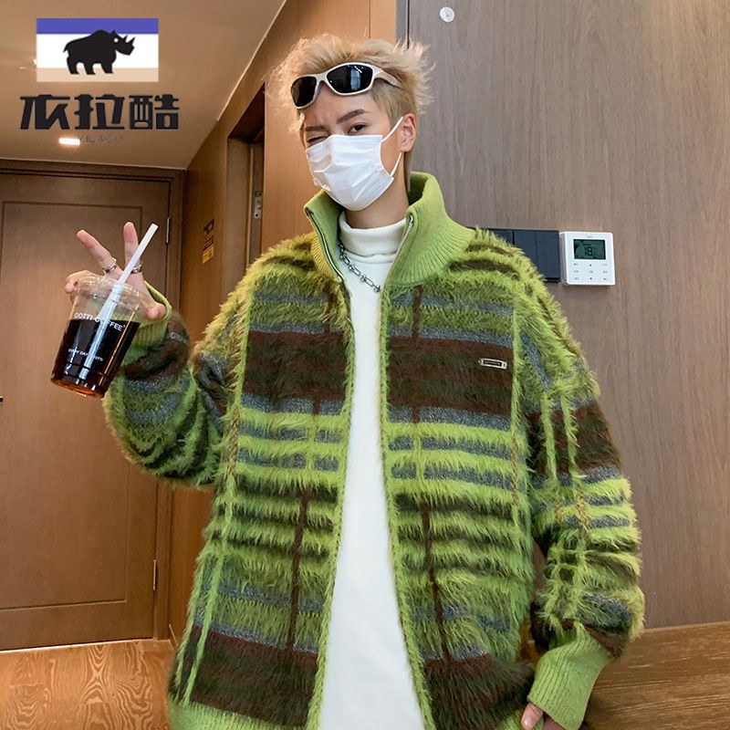 學生男2023復古立領拼色條紋毛衣寬鬆百搭翻領夾克外套ins潮