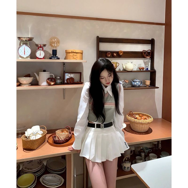 韩系学院风V领短款条纹针织毛衣马甲衬衫高腰百褶半身裙三件套女
