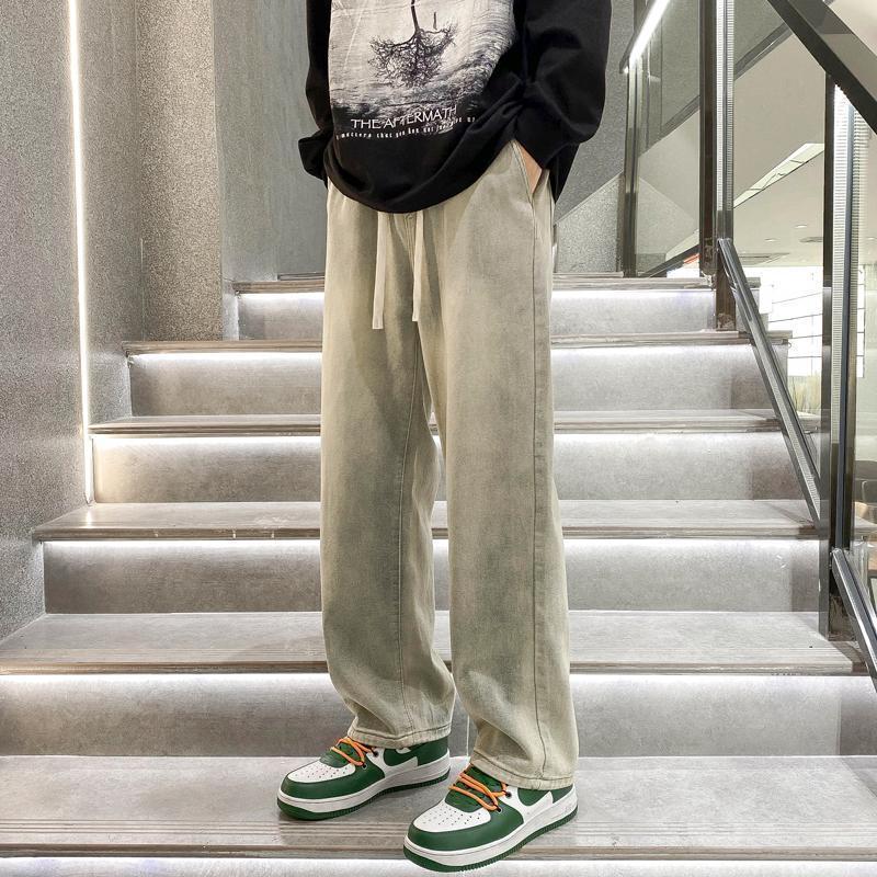American high street retro yellow mud-dyed jeans for men, winter loose straight wide-leg pants for teenagers, all-match trousers