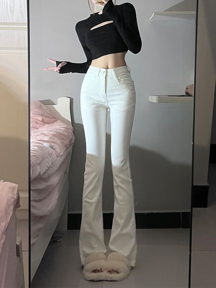 白色辣妹微喇牛仔褲女冬季新款高腰緊身彈力顯瘦直筒喇叭褲子