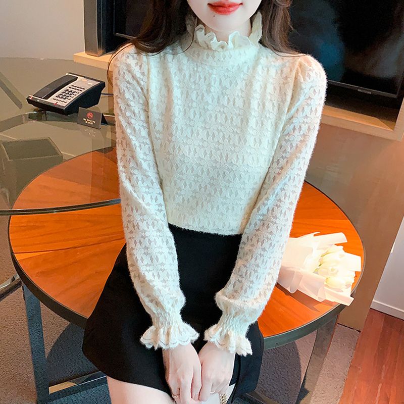 半高領氣質蕾絲打底衫女秋冬季2023冬裝新款加絨洋氣小衫內搭上衣