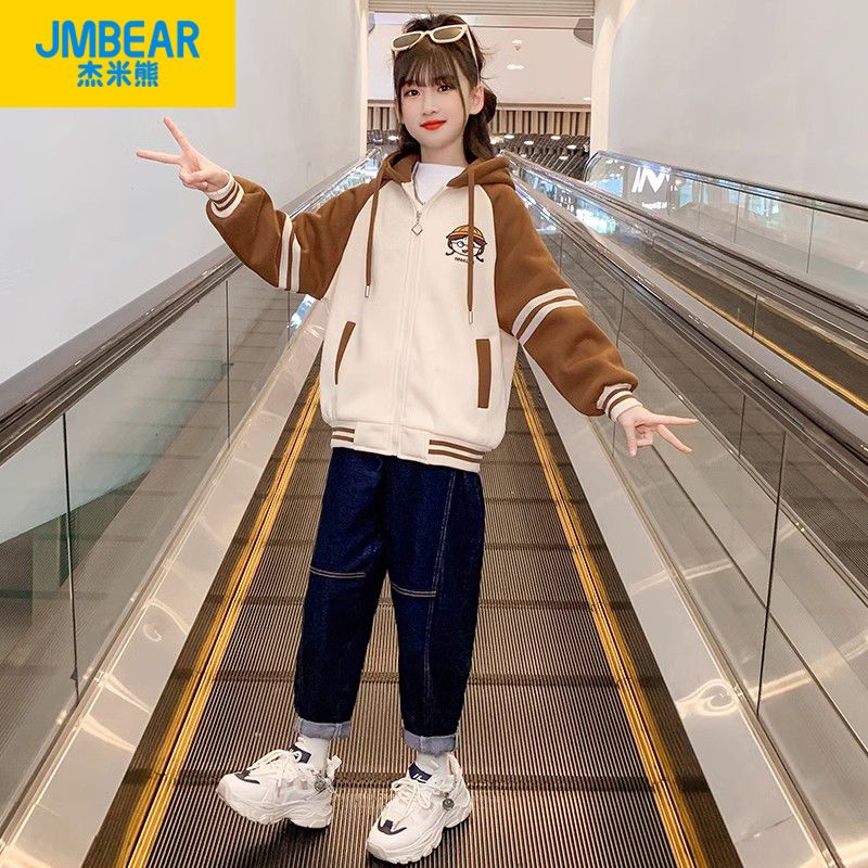 杰米熊女童外套秋冬装儿童韩版棒球服中大童装加绒连帽卫衣上衣潮