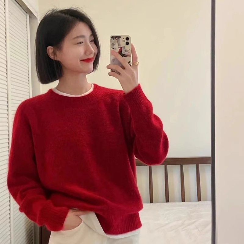 高級感歐貨圓領套頭毛衣女2023秋冬寬鬆慵懶軟糯針織打底衫外穿潮