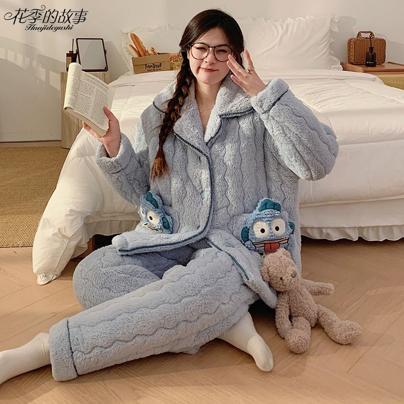 花季的故事三層夾棉睡衣女冬天特厚棉襖套裝保暖卡通可愛風家居服
