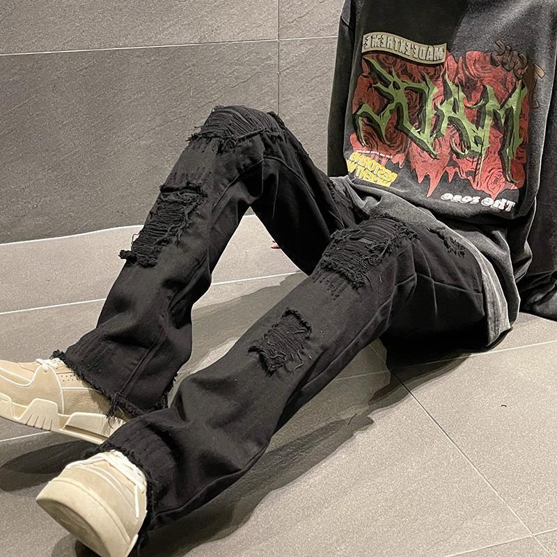 European and American high street vibe straight pants men's Maillard street jeans spring and autumn loose fake ripped raw edge trousers