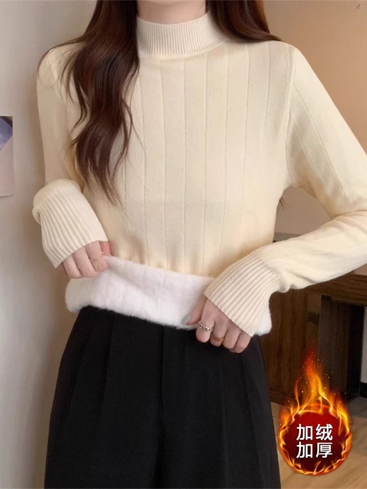 半高領加絨加厚針織打底衫女秋冬修身內搭大朗毛衣一體絨中領上衣
