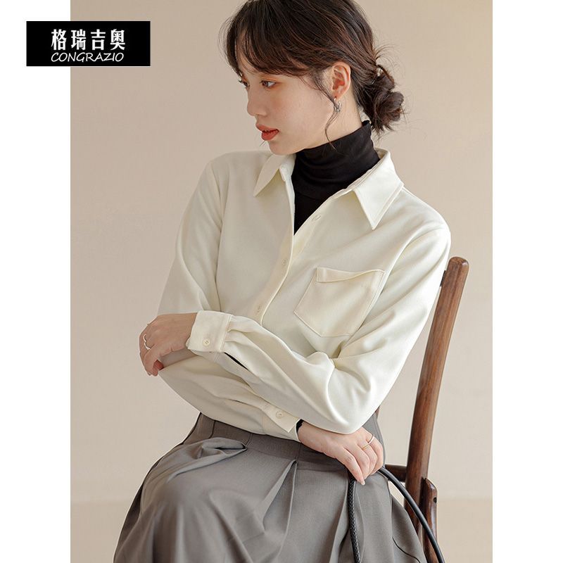 CONGRAZIO/格瑞吉奧杏色長袖疊穿襯衫簡約法式百搭秋冬長袖上衣女