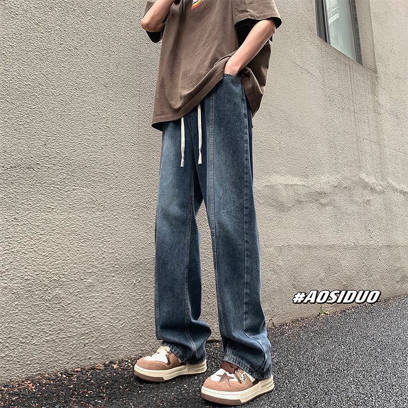 美式懷舊復古鬆緊腰牛仔褲男秋冬季寬鬆直筒褲高街vibe風闊腿長褲