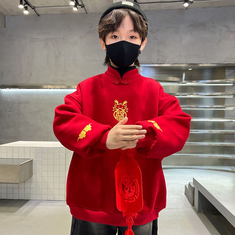 男童卫衣加绒秋冬款新款大儿童汉服上衣冬季龙年拜年服喜庆潮