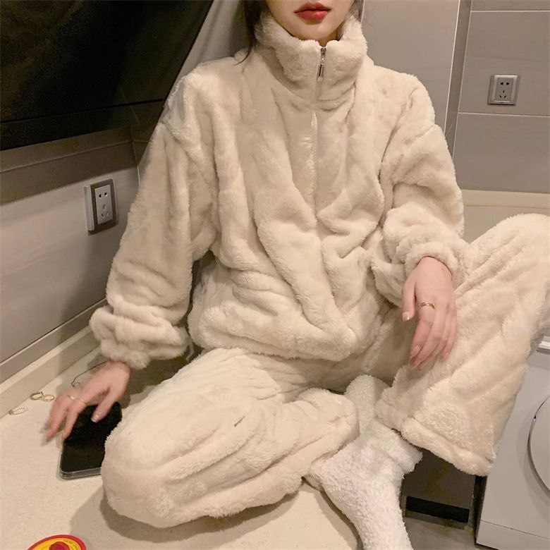 珊瑚絨睡衣女秋冬季加厚加絨韓國版法蘭絨家居服運動休閒兩件套裝