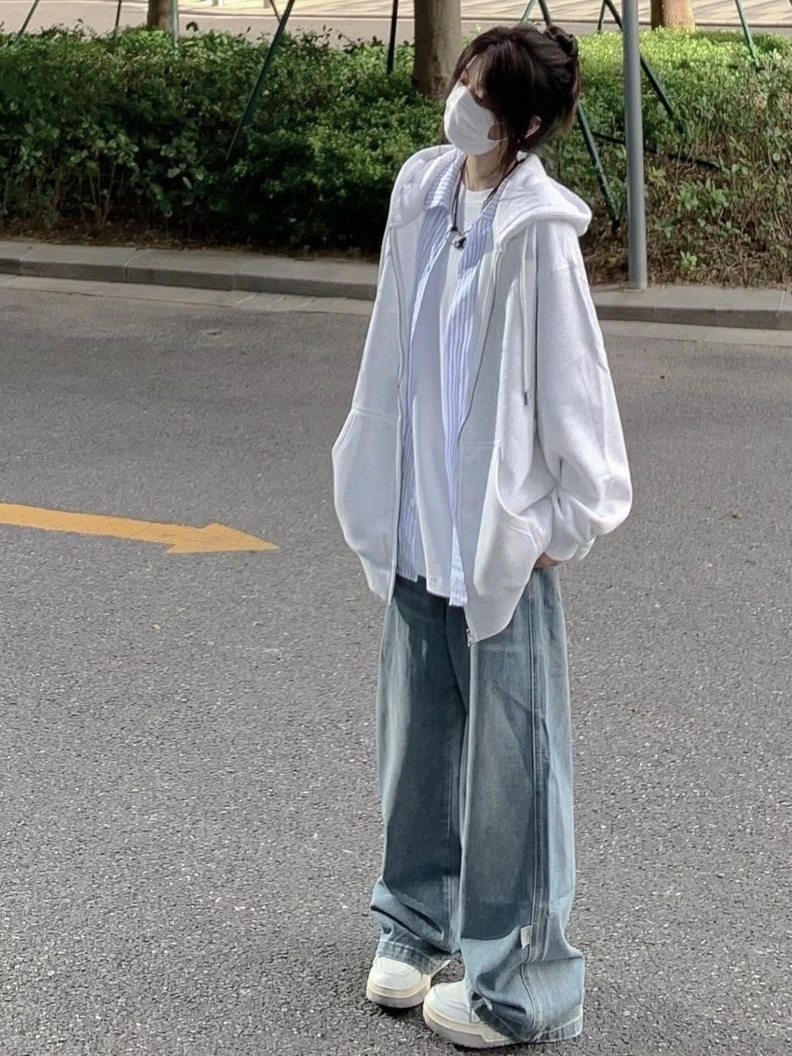 白灰色hiphop衛衣女寬鬆外套長袖國潮oversize學生開衫連帽上衣秋