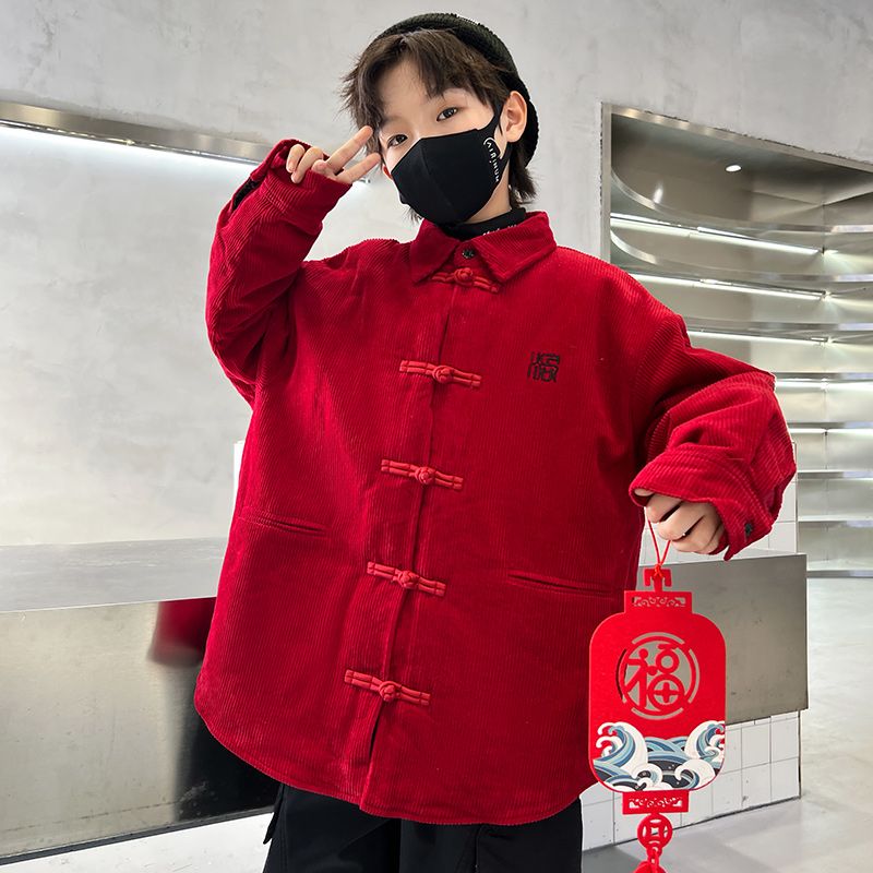 男童汉服拜年服外套棉衣新款大儿童喜庆龙年红色新年棉服唐装