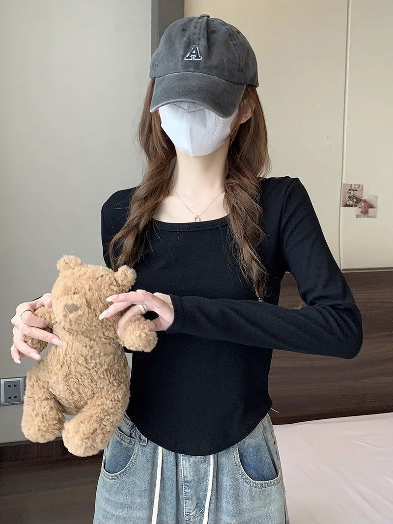 高腰短款長袖T恤女純棉方領打底衫春秋季修身顯瘦內搭辣妹上衣ins