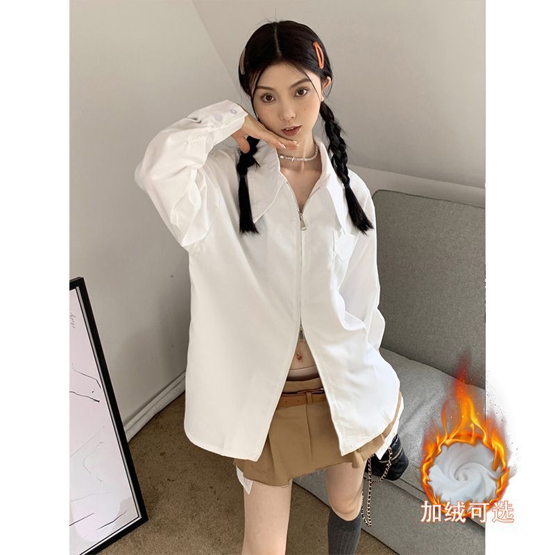 加絨高級感白色襯衫外套女秋冬新款加厚襯衣寬鬆顯瘦內搭長袖上衣
