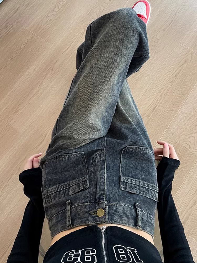 秋冬新款復古闊腿高腰牛仔褲女小個子窄版直筒顯瘦寬鬆拖地長褲潮