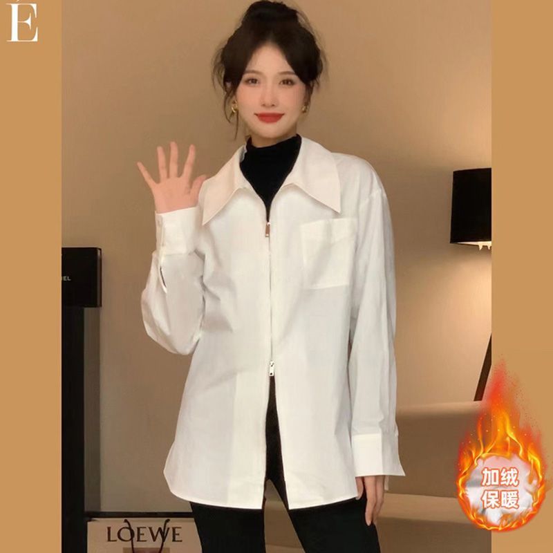 韓版白色襯衫女秋冬尖領拉鏈設計感襯衣新款加絨加厚內搭長袖上衣
