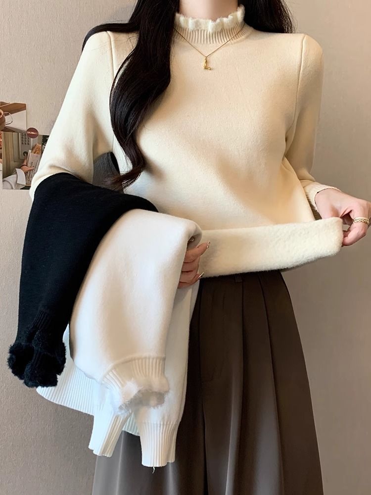 秋冬法式高級設計感上衣加絨加厚針織衫女半高領打底毛衣保暖內搭