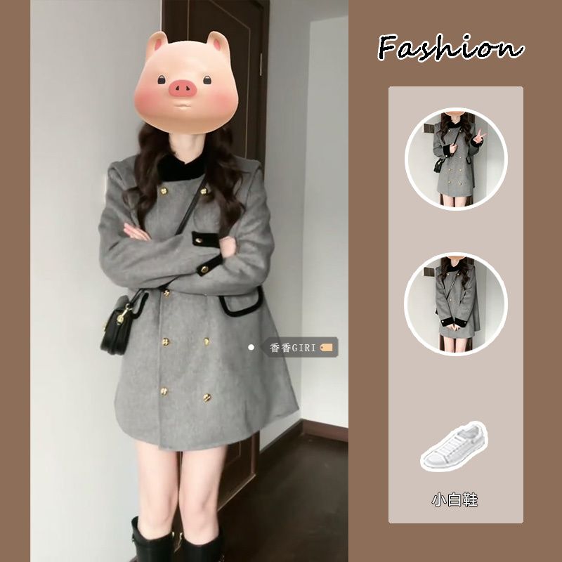 Xiaoxiangfeng stand-collar double-breasted knight wool contrast coat women's autumn and winter new quilted thickened woolen coat