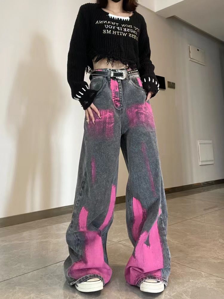 美式高街復古塗鴉扎染牛仔褲女秋冬設計感高腰寬鬆顯瘦闊腿拖地褲