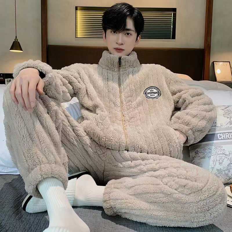 2023新款秋冬天睡衣男加厚珊瑚絨拉鏈法蘭絨可外穿冬天家居服套裝