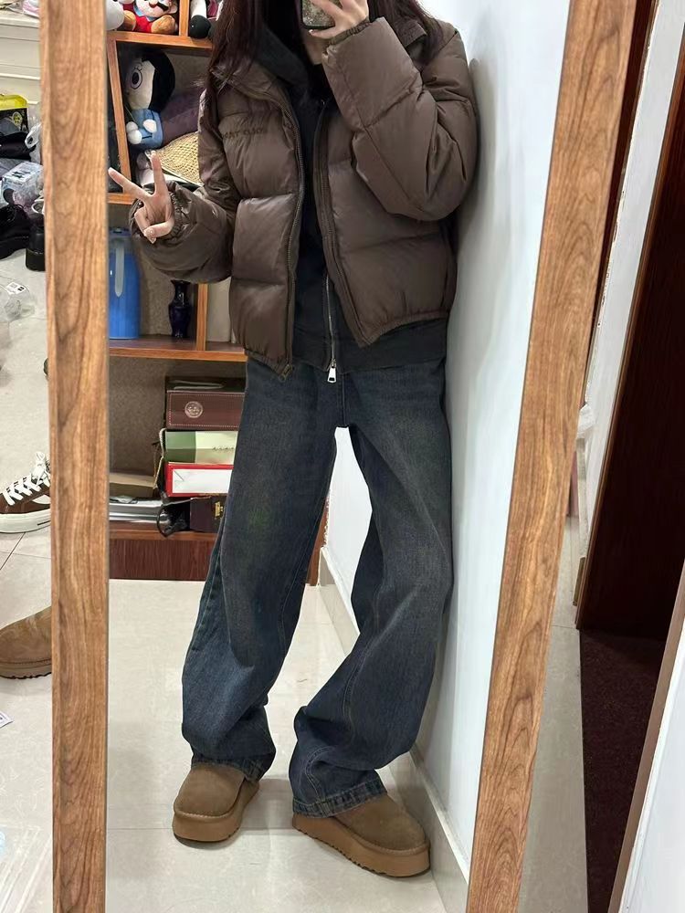 美式復古高街直筒牛仔褲女2023秋冬新款高腰寬鬆顯瘦闊腿拖地褲子