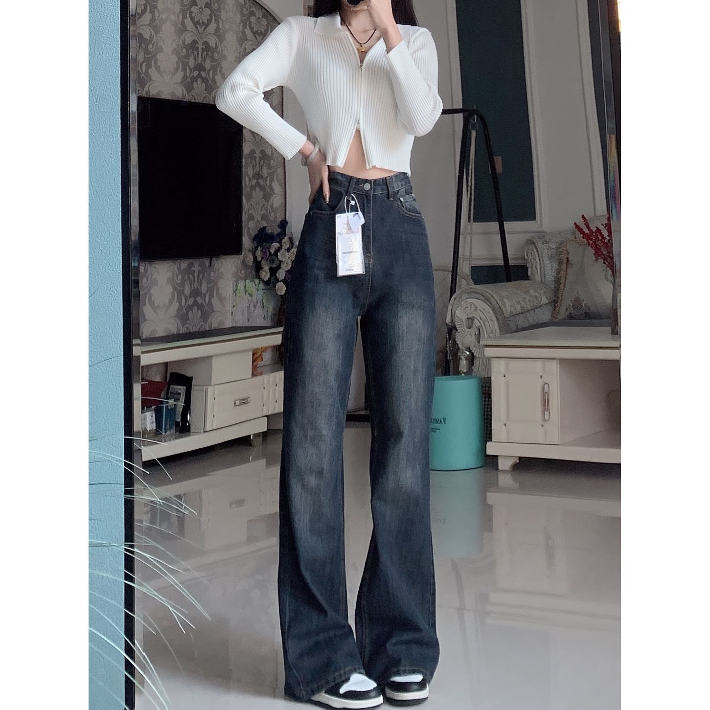 美式復古高個子加長微喇牛仔褲女秋冬新款高腰顯瘦拖地馬蹄喇叭褲