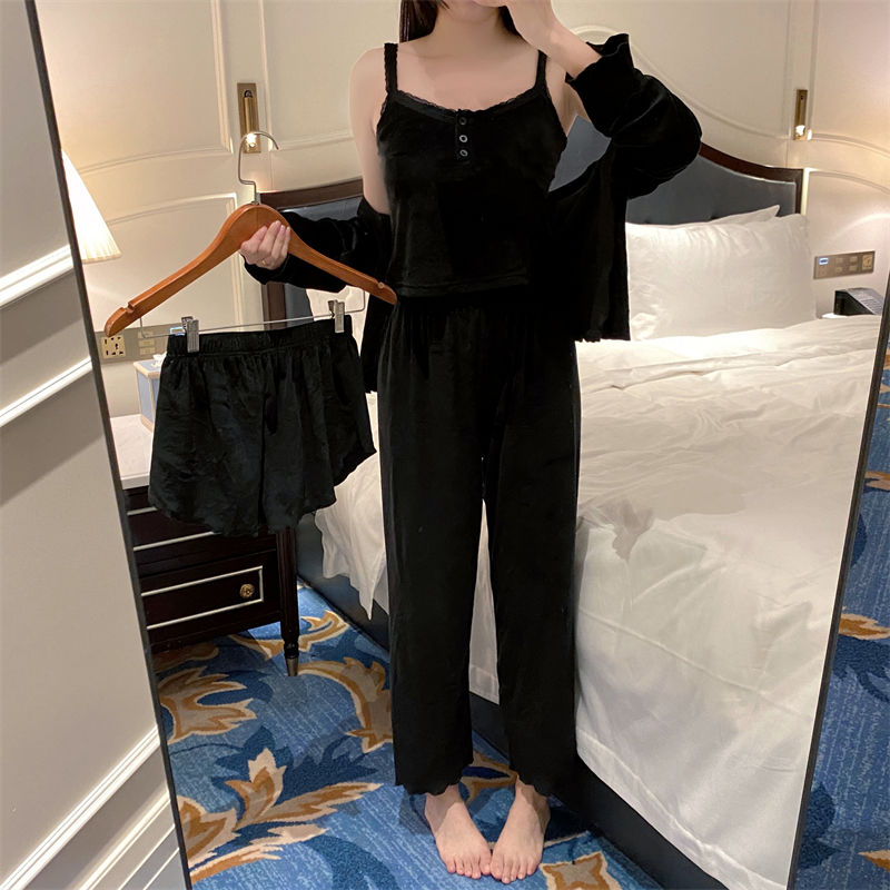 【帶胸墊】睡衣女春秋季法式海島絨長袖可外穿家居服保暖四件套裝