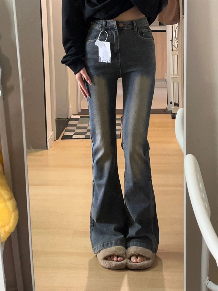 美式復古加長版微喇叭牛仔褲女秋冬高腰顯瘦彈力垂感拖地馬蹄褲子