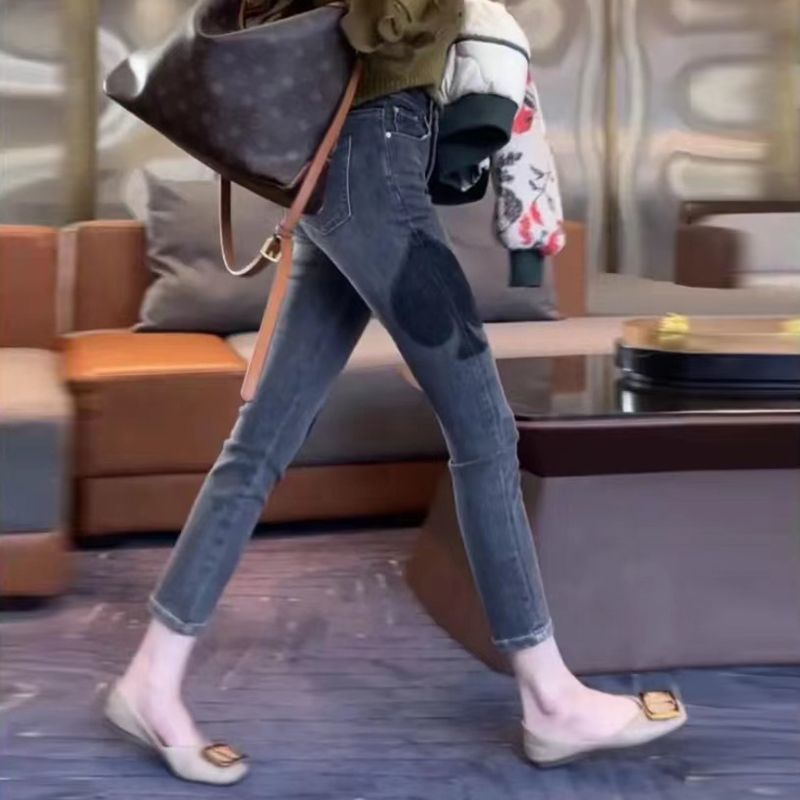 法式老花復古顯瘦彈力牛仔褲女2024春秋新款高腰緊身九分鉛筆褲子