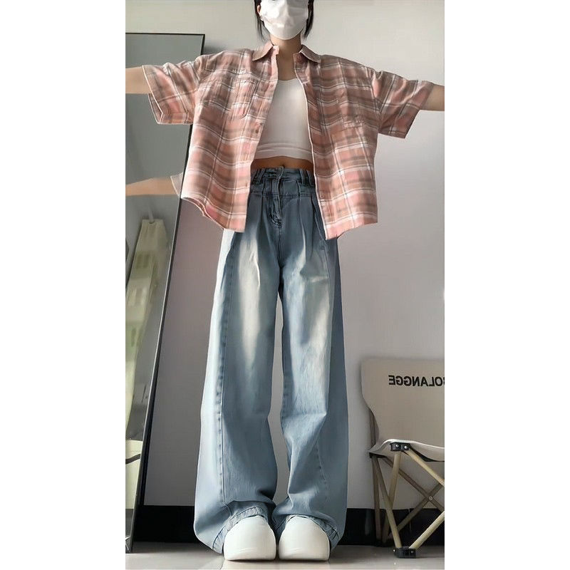 藍色做舊高腰直筒牛仔褲女顯瘦韓版新款秋冬設計感休閒拖地闊腿褲