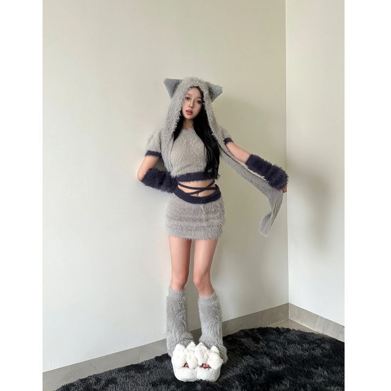 純欲風辣妹灰色時尚套裝女秋冬季毛茸茸貓耳連帽針織拼色高腰短裙