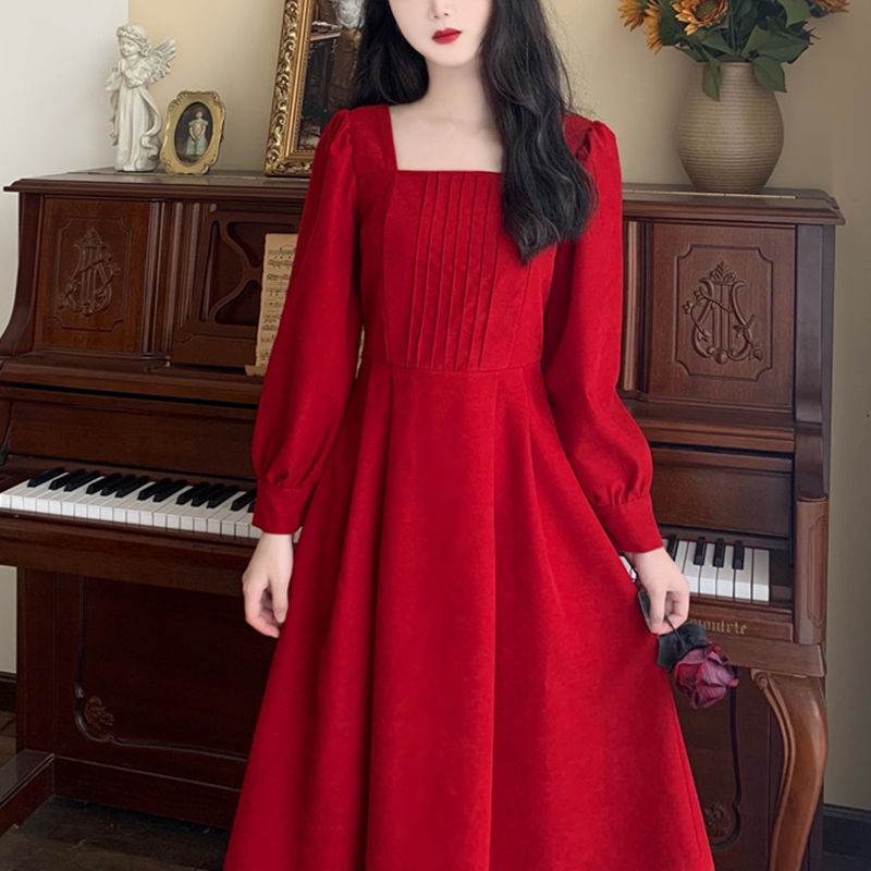 高級感大碼寬鬆顯瘦長袖紅色連衣裙女2024春秋新款中長款復古裙子