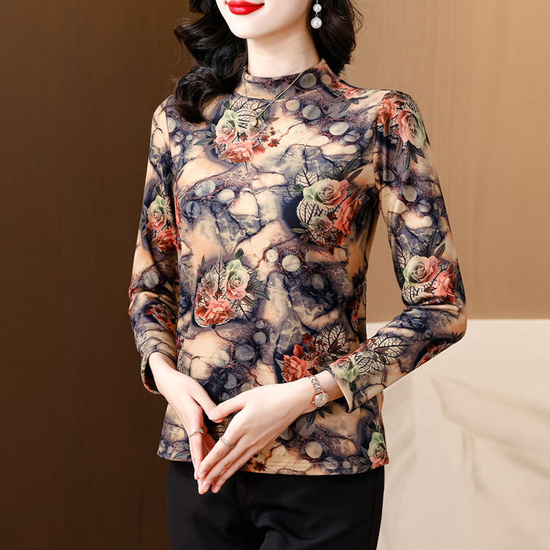 加厚雙面徳絨打底衫女冬季2023年新款時髦洋氣印花半高領保暖上衣