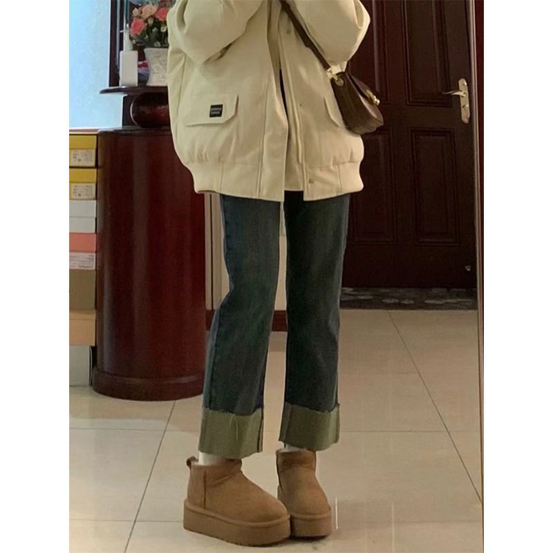 高腰復古卷邊直筒牛仔褲女2023爆款韓版顯瘦顯高九分褲窄版煙管褲