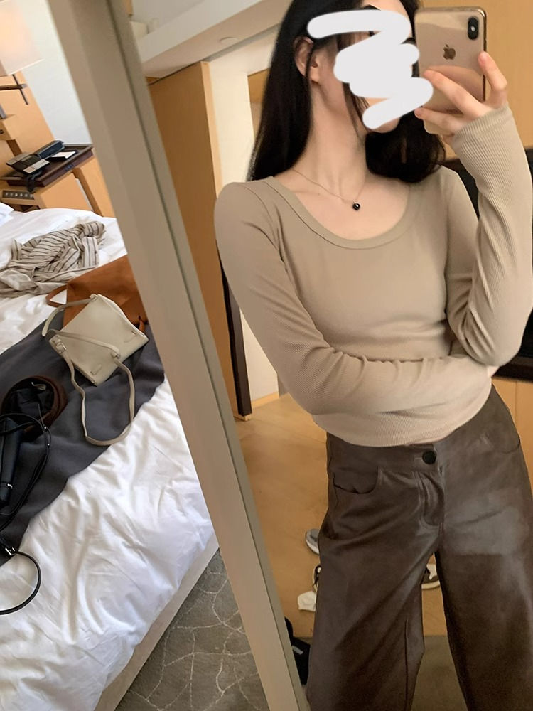 王少女的店杏色短款針織衫秋冬百搭小眾設計顯瘦露腰打底長袖上衣