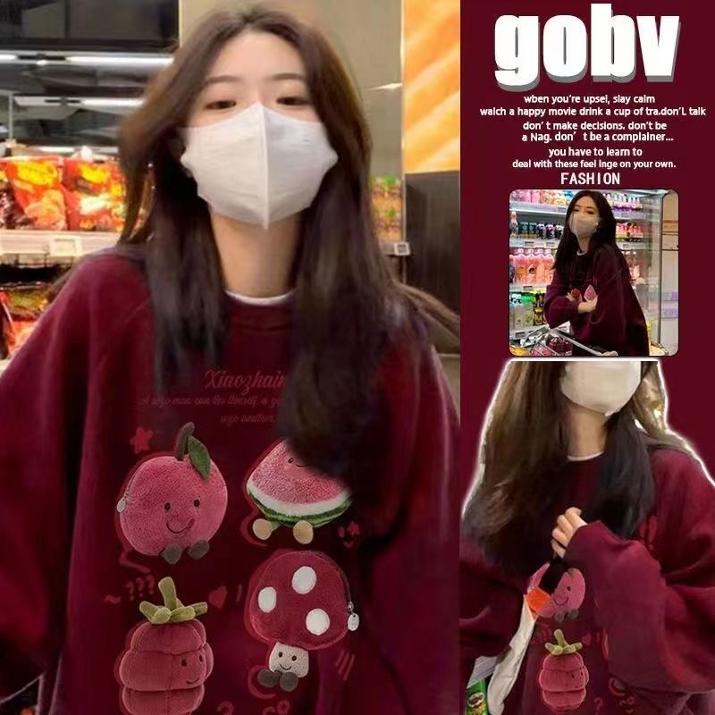 酒紅色2023春秋冬季落肩ins薄款oversize圓領衛衣女長袖上衣