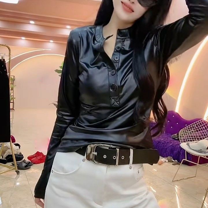歐洲站2023秋冬新款pu皮長袖T恤女修身顯瘦皮衣百搭打底上衣小衫