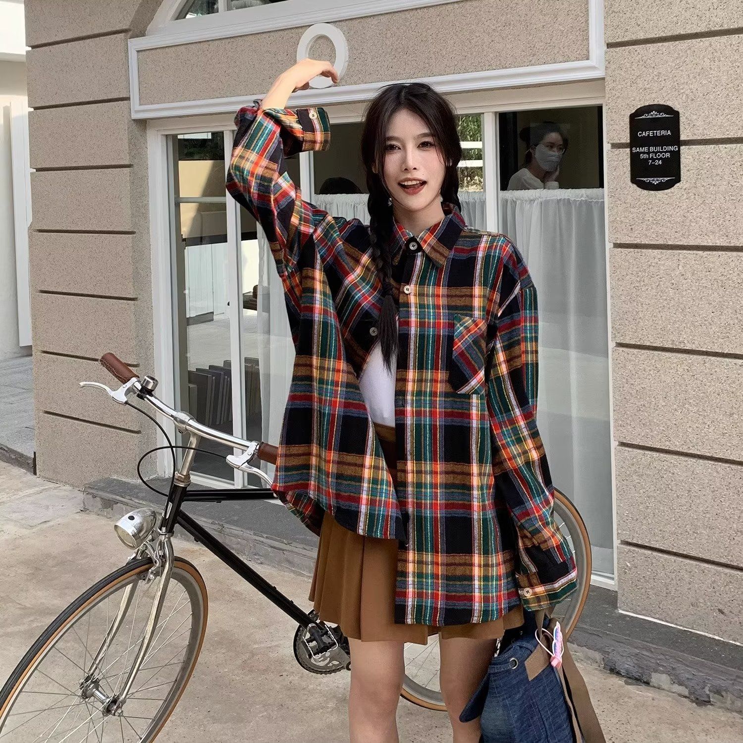 秋季日系復古港風格子襯衫女外穿寬鬆大碼打底上衣長袖襯衣外套