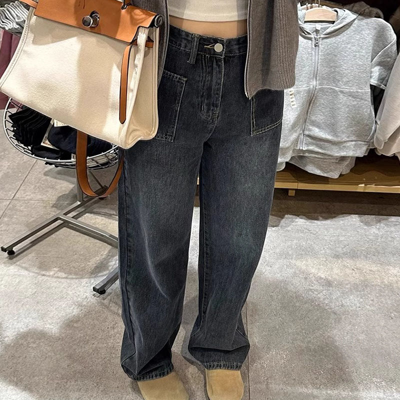 寬鬆垂感直筒牛仔褲女2023秋冬新款顯瘦慵懶設計感復古拖地闊腿褲