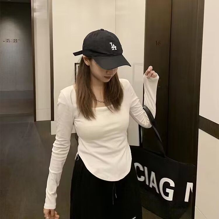 純欲風辣妹u領長袖t恤女秋冬高腰露臍內搭打底衫修身短款上衣ins