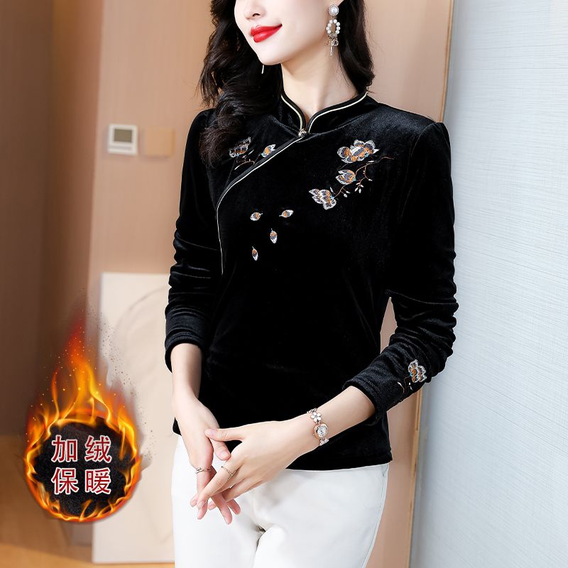 高端秋冬設計中國風長袖打底衫女加絨加厚氣質繡花上衣小衫百搭女