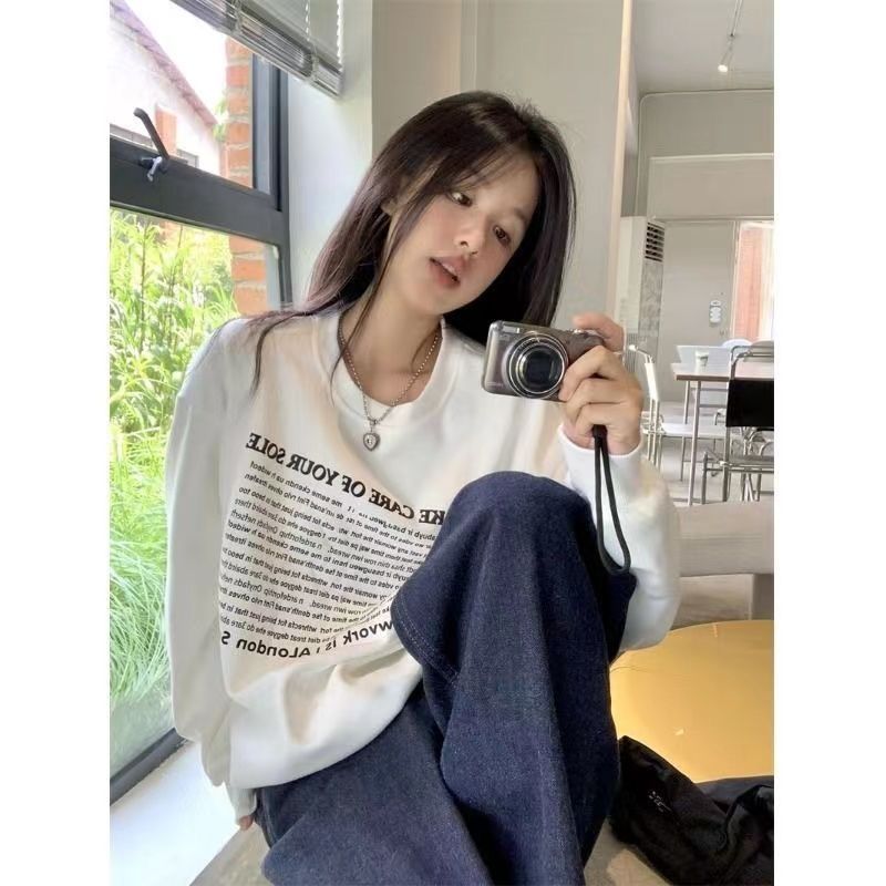 美式復古高街圓領衛衣女秋冬季寬鬆韓版慵懶白色休閒印花chic上衣