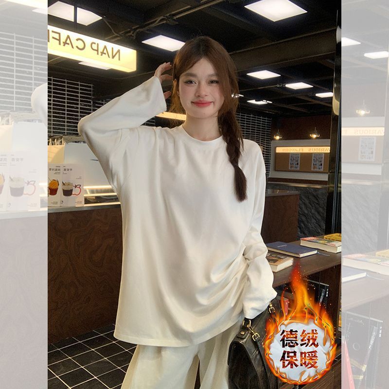 秋冬德絨加絨加厚白色長袖T恤女2023新款寬鬆打底衫衛衣內搭上衣