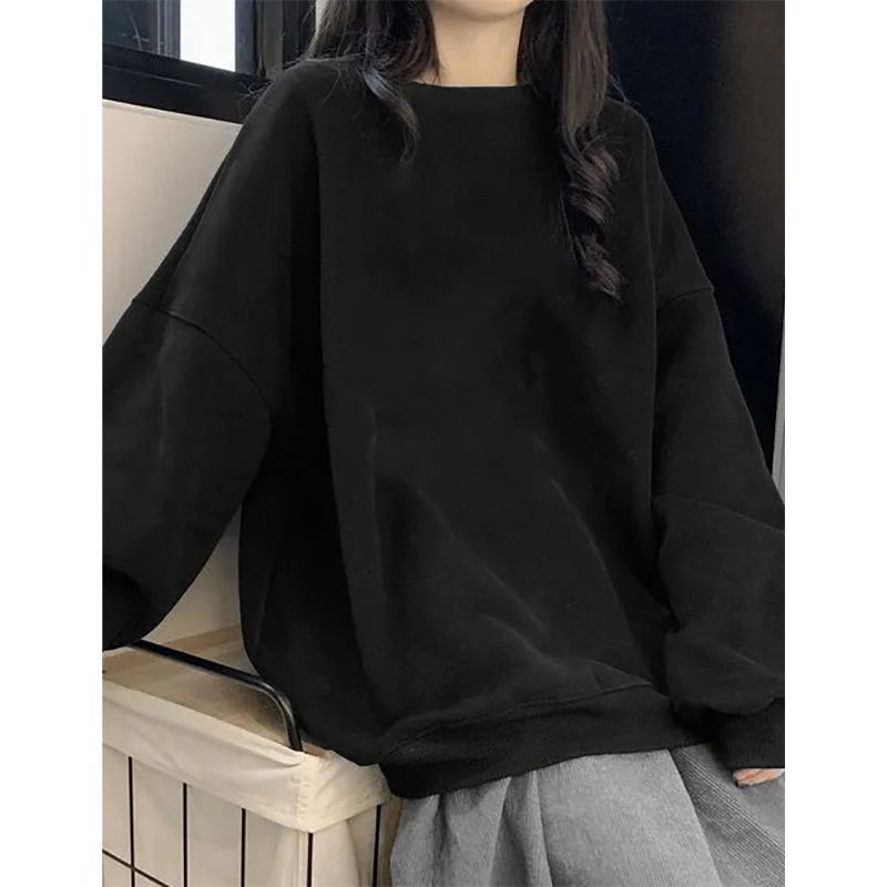 韓版港風純色圓領無帽加絨衛衣女秋冬寬鬆oversize情侶款外套上衣