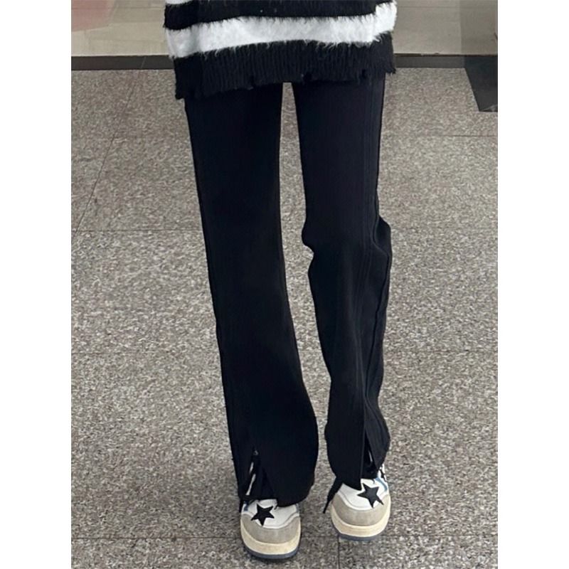 黑色開叉牛仔褲女秋季設計感高腰寬鬆顯瘦直筒褲梨形身材闊腿褲子