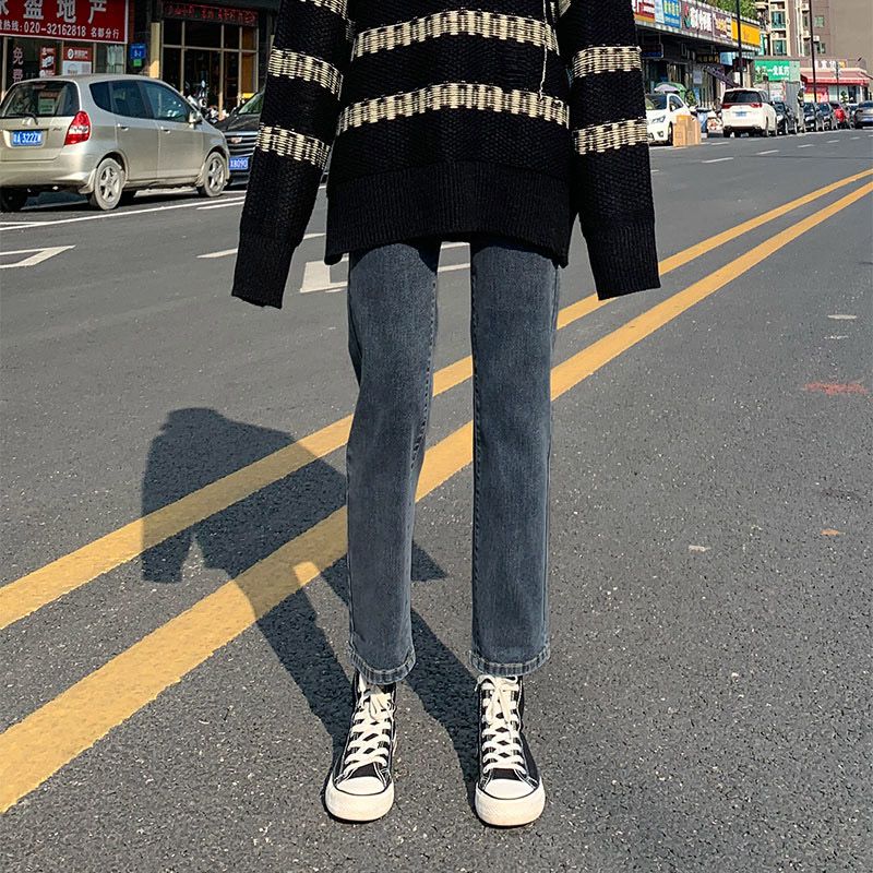 小個子顯瘦藍灰煙管褲女2023新款秋款九分褲子秋季高腰直筒牛仔褲