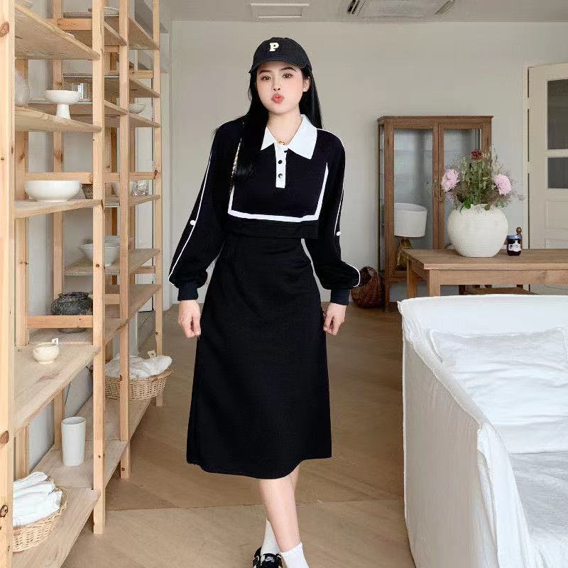 假兩件連衣裙女裝2023秋季新款polo領時尚休閒寬鬆顯瘦長袖裙子
